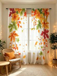 2PCS Autumn Sheer Curtains, Colorful Autumn Leaf Patterns, Pole Pockets, Holiday Prints, Suitable For Living Rooms And Bedrooms, Apartments, Balcony Decoration, Christmas, Thanksgiving, Halloween - Multicolor - View 2