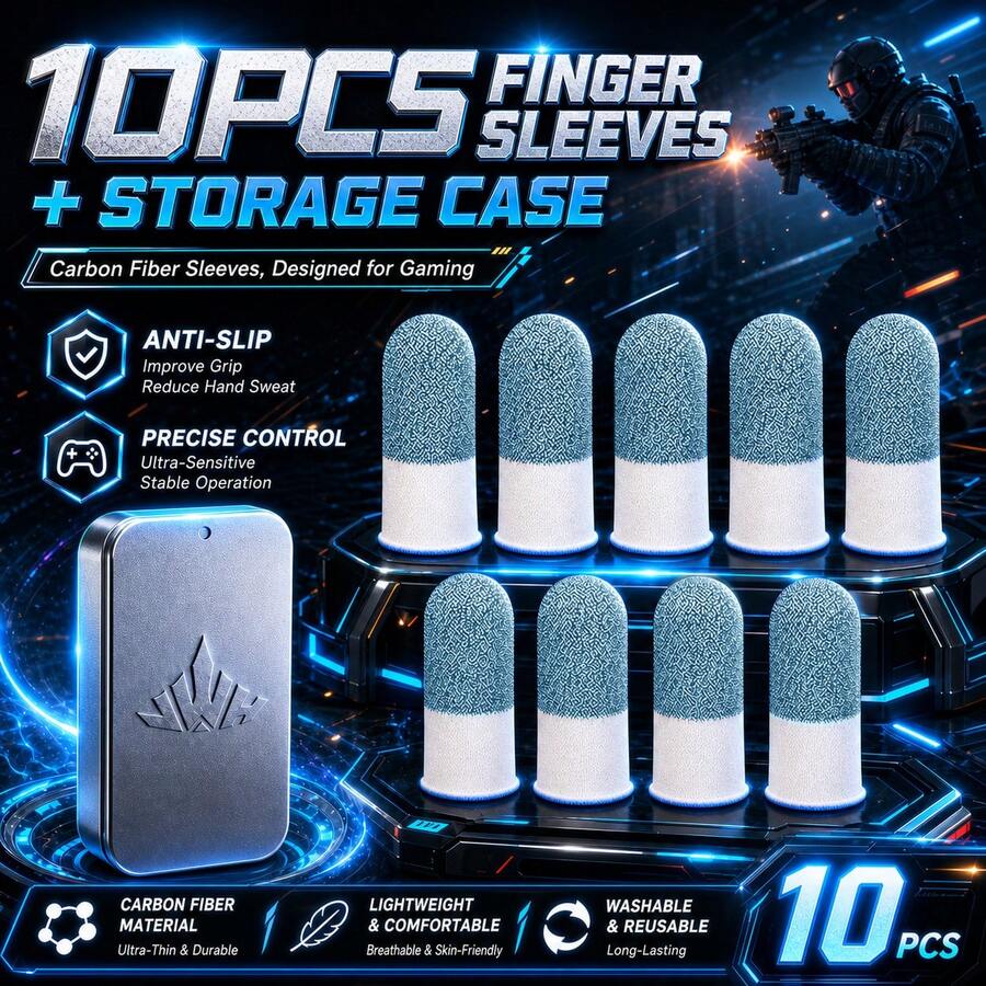 10 buah Sarung Jari Gaming Warna Cerulean dengan Kotak Penyimpanan Logam, Anti Keringat, Anti Selip, Pelindung Jempol Layar Sentuh, Sarung Jari Sensitif Bernapas untuk Gaming Mobile COD FPS - MultiWarna - View 1
