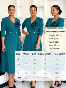 NOU Women's Mid-Length Dress, Basic V-Neck With Puffed Shoulders And 3/4 Sleeves, Large 3D Floral Decor On Chest With Pleated Design, Cinched Waist With Pearl Button Detail, Visual Slimming Effect, A-Line Skirt, Elastic Fabric For Comfortable And Unrestricted Fit, Versatile Basic Style, Suitable For Work, Commute, Office And Daily Wear - Teal Blue - View 5