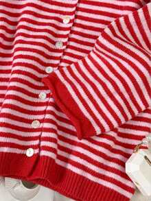 Plus Size Striped Knit Cardigan Women Round Neck Button Front Long Sleeve Plus Size Sweater Top Casual Fall Winter Daily Street Outfit - Rose Red - View 7