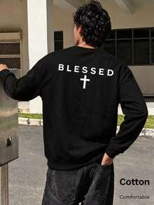 Autumn 's Crew Neck Pullover With Blessed Cross Print Long Sleeve Cotton Y2K - Black - View 1