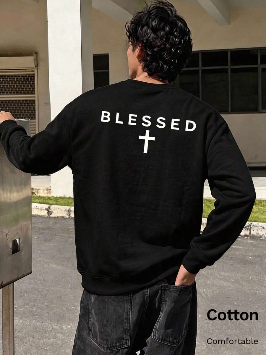 Autumn 's Crew Neck Pullover With Blessed Cross Print Long Sleeve Cotton Y2K - Black - View 1