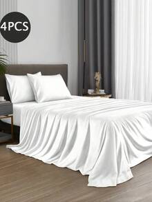 4-Piece Pure White Bedding Set, Easy Care, Soft Bedding Set, Includes Fitted Sheet (1 Flat Sheet + 1 Fitted Sheet + 2 Pillowcases), Solid Color Fitted Sheet Set, Available In King, Queen, Full, Twin Sizes, Deep Pocket Design, Pillowcases Up To 11.8 Inches, Soft And Breathable, Wrinkle-Resistant - White - View 2