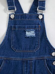 Overall Denim Biru Tua untuk Anak Laki-Laki, Celana Jeans Kaki Lebar dengan Ujung yang Robek, Tali Bahu yang Dapat Diatur, Saku Depan, Gaya Baru untuk Pakaian Sekolah dan Aktivitas Luar Ruangan Sehari-hari - Biru - View 8