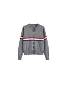 Striped Colorblock Women's Autumn New Style Super Pretty Versatile Sweater Short Jacket Top - Grey - View 5
