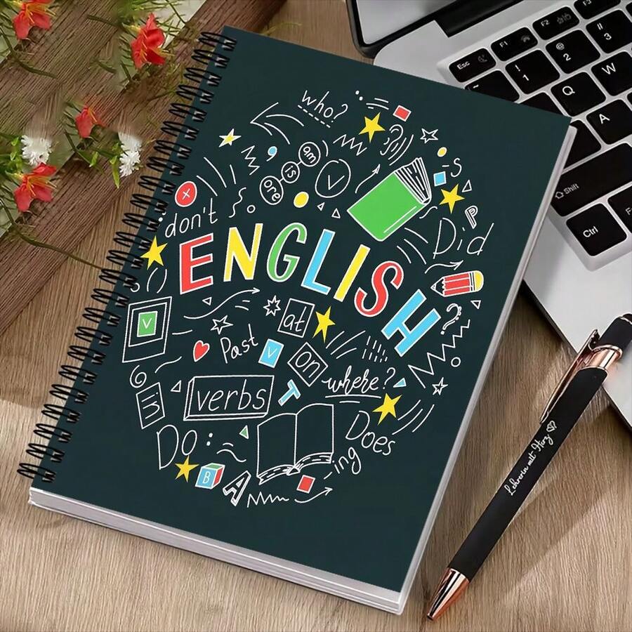 1pc A5 Spiral Notebook, Colorful English Grammar Graffiti Print English Subject Journal, 30 Sheets (60 Pages) Dark Background Cute Language Learning Diary, Back To School Stationery, Language Learning Gift For English Learners - Rectangle - View 1