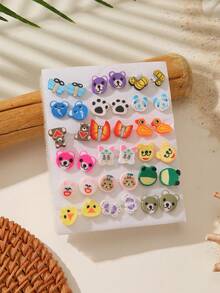18 Pairs Summer Dopamine Girl Cute Colorful Soft Clay Fruit Animal Cartoon Mini Plastic Earrings Set, Random Color Style, No Box, Versatile Daily Wear, Best Birthday Gift For Friends (Random Color Style) - Multicolor - View 7