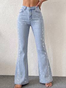 Celana Jeans Wanita Model Flare Pinggang Tinggi Warna Biru Muda dengan Hiasan Berlian Imitasi di Samping, Potongan Ramping, Menaikkan Tinggi Badan, Berkilau, Berhiaskan Berlian Imitasi, Elastis, Ketat, Panjang Hingga Lantai - Biru - View 6
