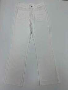 Elegant White Washed Denim Straight Leg Jeans With Pockets Chic Vintage Style Long Medium Stretch Trousers - Off-white - View 9