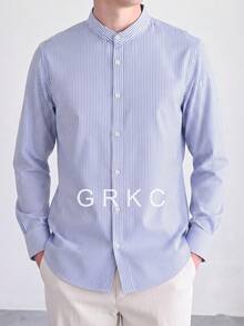 GRKC 男士通勤立領長袖梭織襯衫，極簡成熟風格，適合春秋冬季 - 藍白色 - 查看 3