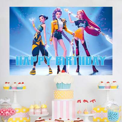 KPop Demon Hunters Authorized 1PC Cool Demon Hunter Girl Group Theme Party Decoration Backdrop, (82.7x59.1 59.1x39.4 39.4x29.5 Inch) Sweet K-POP Star Group Music Festival Theme For Holiday Garden Theme Events, Weddings, Birthdays And Photography Theme Party Wall Banner Background Decoration Props