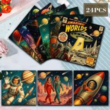 24 Sheets Vintage Space Sci-Fi Scrapbook Paper, 6 Inch Square Astronaut Rocket Planet Universe Illustration Background Paper Material Decoration DIY, Vintage Journal, Junk Journal Greeting Card Planner Scrapbook Background Card Mat - Square - View 7