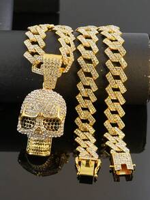 Hip-Hop Style Full Rhinestone Skull Pendant Cuban Chain Necklace, Dark Personalized Streetwear Accessory, Suitable For Rap Performance, Halloween Party, Cool Unisex Niche Gift Jewelry - Skull Pendant Necklace - View 17