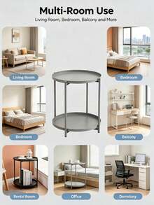 Small 2-Tier Nordic Round Table, Wrought Iron Coffee Side Table, Non-Slip Raised Tray Edge, Sturdy Iron Frame Sofa End Table, Ideal For Bedroom, Living Room & Apartment Decor, Free Storage Rack Included - Multicolor - View 10