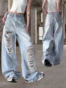 Y2K Girls Loose Distressed Straight Leg Washed Denim Jeans - Blue - View 1