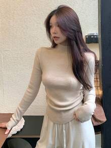 女士修身高领毛衣，收腰设计，轻盈透气，适合秋冬季节，简约休闲，日常、通勤、居家穿着皆宜，长袖上衣 - 杏色 - 查看 1