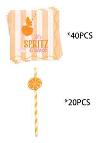 20/40pcs Orange White Striped Spritz Cocktail Napkins With Straws Set, Summer Pool Party Bachelorette Bridal Shower Garden Brunch Tableware, Paper Party Napkins, Gift For Party Hosts - Multicolor - View 13