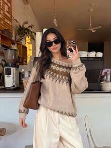 Women's Vintage Brown Fair Isle Knit Sweatshirt, Long Sleeve Crew Neck Asymmetrical Shoulder Pullover, Fall Clothes For Women, Vacation Outfits Women, Fall Outfit For Women, Fall Style, Halloween, Sweaters N - Multicolor - View 2