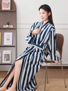 Women's Autumn/Winter Long Bathrobe: Retro Striped Tie Design, Thick Flannel Fabric, Highly Absorbent, Soft And Comfortable, Suitable For Home And Bathroom Wear, Machine Washable. - Multicolor - View 14