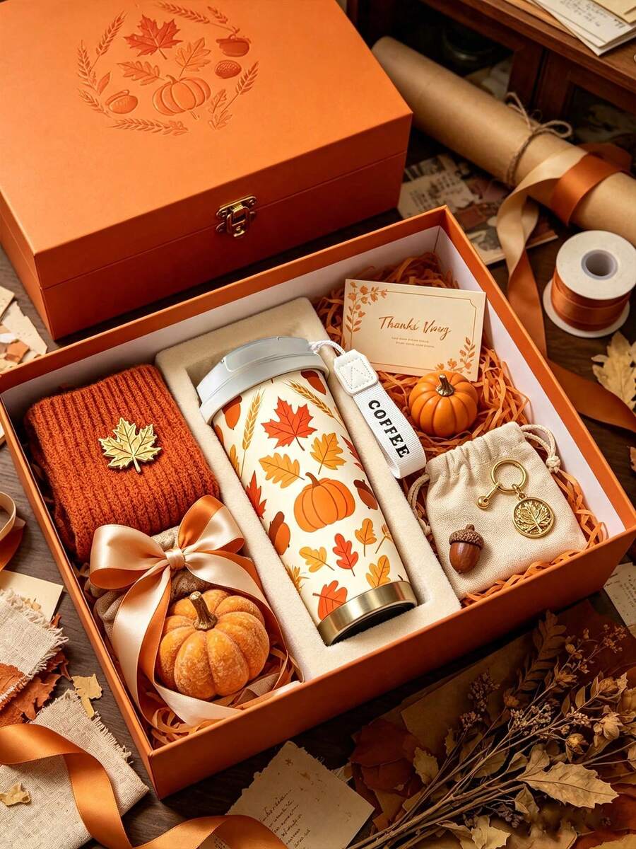1pc/5pcs 500ml Thanksgiving Autumn Harvest Pattern Insulated Coffee Cup, With Carrying Strap, Reusable Travel Insulated Coffee Cup, Fashionable Drinking Cup, For Iced Coffee, Birthday Holiday Gift For Boyfriend, Pumpkin Maple Leaf Print, Couple Water Cup Suitable For Camping, Road Trips And Holiday Gifts - Multicolor - View 1