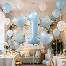 5件組 40英吋藍色數字1、18英吋藍色愛心與藍色Happy Birthday印花星星鋁箔氣球，1歲生日派對裝飾 - 藍色 - 查看 5