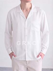 GRKC 男士領長袖梭織寬鬆休閒鈕扣襯衫，秋冬款 - 白色 - 查看 3