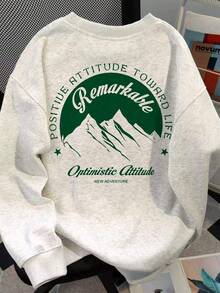 Vintage Green Mountain Slogan Print Oversized Grey Sweatshirt, High Street Vibe Long Sleeve Autumn Top - White-gray - View 3