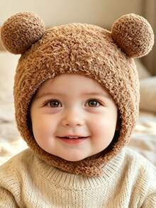 1/2pcs Baby Cute Bear Ear Fleece Hat, Soft Textured Warm Ear Protection Hat For Autumn/Winter, With Tie Knot, Cold-Proof Knitted Hat For Daily Wear - Multicolor - View 2