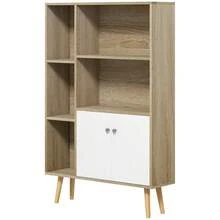 Scandinavische boekenkast/opbergmeubel, afmetingen 80L x 23,5B x 123H cm, 5 vakken, 2 deuren, taps toelopende poten - A - Bekijken 2