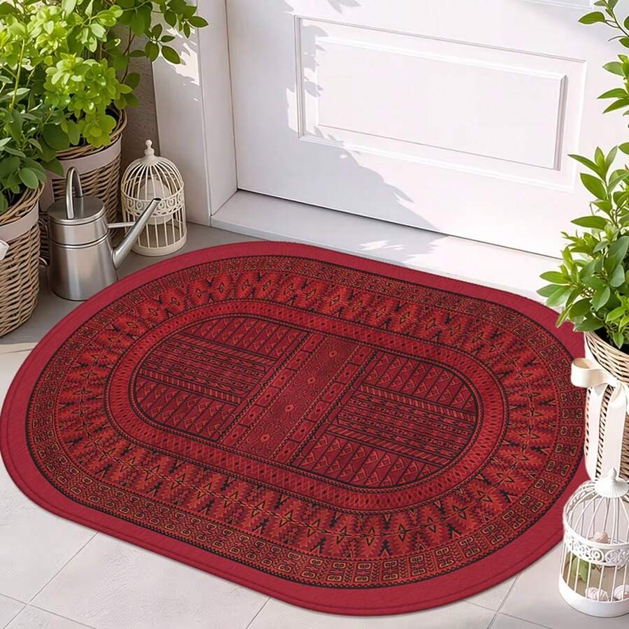 1pc Oval Flannel Door Mat, Red Geometric Pattern, Soft Comfortable Absorbent Non-Slip Machine Washable With Anti-Slip Backing, Suitable For Doorway, Living Room, Bedroom, Kitchen, Bathroom, Patio, Entryway, Laundry Room, Multi-Functional Home Floor Mat Holiday Decor Carpet - Multicolor - View 1