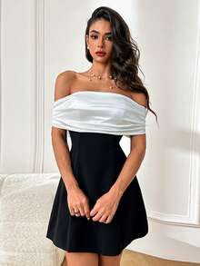 Autumn Bow Off-Shoulder Contrast Color Party Dress Elegant Dress For Dating - Black - View 7