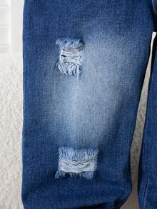 Overall Denim Biru Tua untuk Anak Laki-Laki, Celana Jeans Kaki Lebar dengan Ujung yang Robek, Tali Bahu yang Dapat Diatur, Saku Depan, Gaya Baru untuk Pakaian Sekolah dan Aktivitas Luar Ruangan Sehari-hari - Biru - View 10