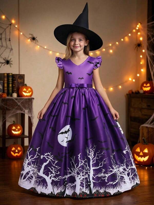 Tween Girl Halloween Series Pattern Satin Princess Dress, Holiday Party Dress Suitable For Gatherings And Balls, Fabric Pattern Randomly Cut, Does Not Include Hat And Headband