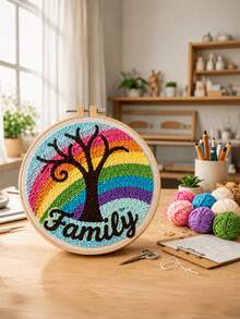 Rainbow Tree Customized Text Embroidery Hoop Art, Handmade Yarn Stitching Craft, Personalized Home Wall Decor, Colorful Room Decoration, Meaningful Gift For Loved Ones, Create Your Own Exclusive Artwork - Multicolor - View 7