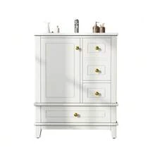 61 Cm Floor-Standing Bathroom Vanity, White Lacquer, With Three Drawers, Single Door With Shelves And Large Storage Space Under The Sink, Faucet Not Included - White - View 1