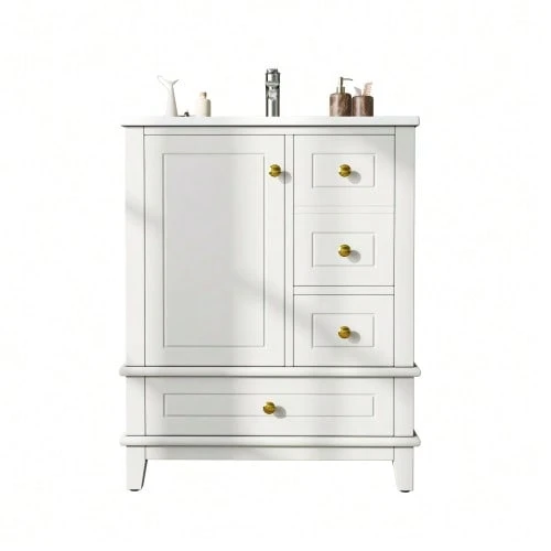 61 Cm Floor-Standing Bathroom Vanity, White Lacquer, With Three Drawers, Single Door With Shelves And Large Storage Space Under The Sink, Faucet Not Included - White - View 1
