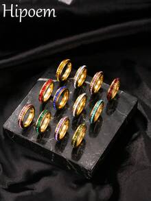1pc Stainless Steel Gold Ring, Pave Set Colorful Square Rhinestone Thin Band, Versatile Accessory For Daily Wear, Date And Party - Multicolor - View 1