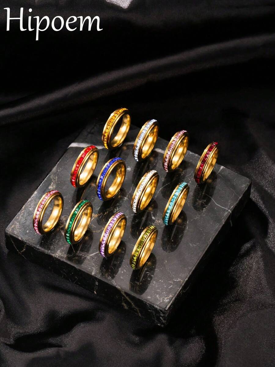 1pc Stainless Steel Gold Ring, Pave Set Colorful Square Rhinestone Thin Band, Versatile Accessory For Daily Wear, Date And Party - Multicolor - View 1