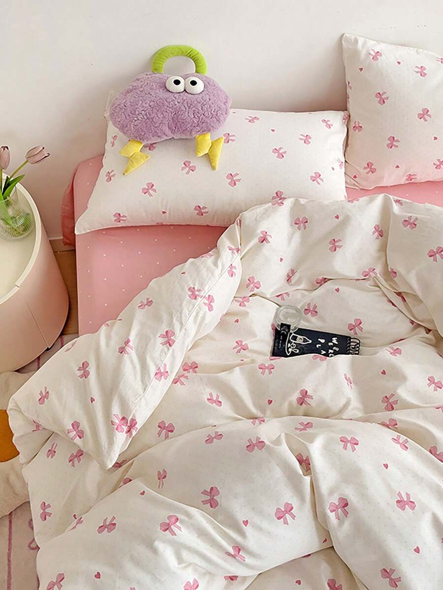 3 件套 100% 涤纶粉色蝴蝶结印花被子套装，包括 2 个枕套 + 1 个被套（无床单）