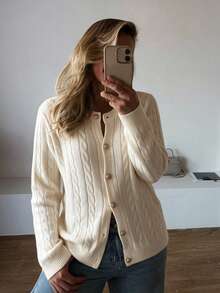 SEREN Women's New Classic Cable Knit Cardigan, Elegant Round Neck Long Sleeve Sweater, Regular Fit Top For Autumn/Winter - Apricot - View 6