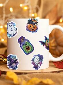 50Pcs Halloween Holographic Cartoon Stickers Dark Style Pumpkin Black Cat Stickers For Laptop Water Bottle Fridge Journal Phone DIY Crafts Stickers - Multicolor - View 4