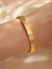 18K Gold Plated Stainless Steel Bangle, Evil Eye Zirconia Narrow Open Cuff Bracelet, Daily Wear Holiday Gift For Women - Gold - View 2