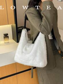 low tea 1pc Minimalist Fashion Wanderer Style Plush Fabric Shoulder Bag, Suitable For Commuting, Shopping, Etc. - White - View 7