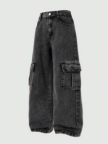 Girls Casual Loose Denim Long Pants, Straight Leg Cargo Pants With Flap Pockets And Contrast Stitching Details, Suitable For Spring/Summer Y2K Vintage Street Style Retro Washed 2000s Denim Cargo Pants - Black - View 4