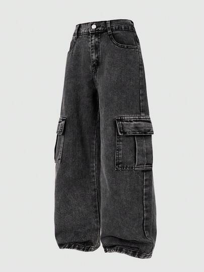 Celana Panjang Denim Longgar Kasual untuk Anak Perempuan, Celana Kargo Potongan Lurus dengan Saku Berpenutup dan Detail Jahitan Kontras, Cocok untuk Musim Semi/Panas Gaya Jalanan Vintage Y2K Retro Celana Kargo Denim Cuci Era 2000-an