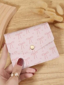 New Fashionable Bow Printed Short Card Wallet, Foldable Flip Button With Multiple Card Slots For Outdoor Card Storage, Suitable For Commuting - Pink - View 7