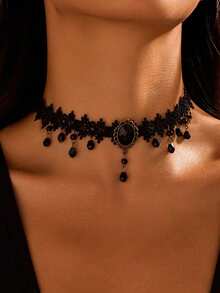 Black Lace Choker Necklace, Hollow Tassel Gothic Collarbone Chain, Luxury Elegant Style For Women Halloween - Black - View 4