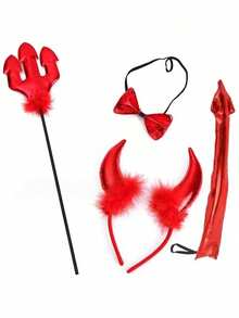 Halloween Devil Costume Set Red Horn Headband Glasses Cane Tail Full Set For Masquerade Carnival Couple Party COS Rave Dance Props (Due To Lighting, Color Difference May Occur, Cane Stick Color Is Random) - Multicolor - View 5