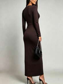 Deep V-Neck Long Sleeve Ruched Waist Slit Dress For Women With Metal Buckle Tie-Up Detail, Slimming Evening Gown - Brown - View 4