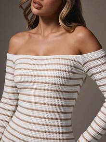 Women's Off-Shoulder Horizontal Striped Knit Bodycon Mini Dress, Minimalist Sexy Style Sexy Shoulder-Baring Dress - Apricot - View 4